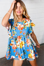 Load image into Gallery viewer, Blue Floral Print Ruffle Short Sleeve Babydoll Top
