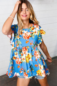 Blue Floral Print Ruffle Short Sleeve Babydoll Top