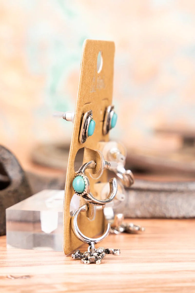 TURQUOISE LOS CABALLOS SILVERTONE EARRINGS 3 PAIR SET
