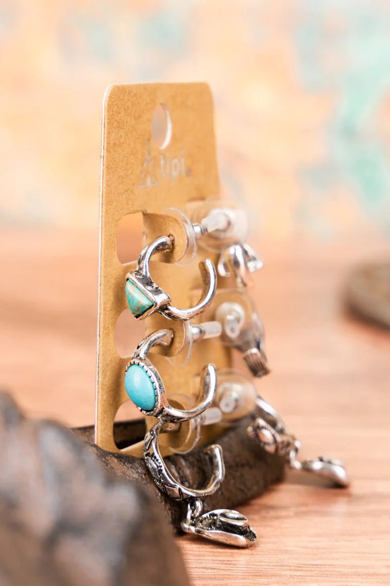 TURQUOISE LAS VAQUERAS SILVERTONE EARRINGS 3 PAIR SET