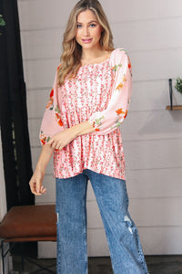 Pink/Red Chiffon Floral Square Neck Babydoll Blouse