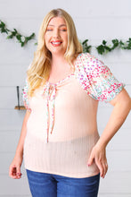 Load image into Gallery viewer, Peach &amp; Floral Tie Neck Bubble Sleeve Top