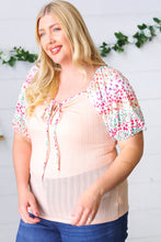 Load image into Gallery viewer, Peach &amp; Floral Tie Neck Bubble Sleeve Top