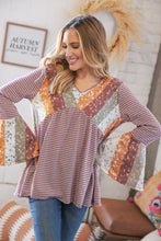 Load image into Gallery viewer, Burgundy Floral Stripe Two Tone Bell Sleeve Knit Top