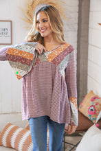 Load image into Gallery viewer, Burgundy Floral Stripe Two Tone Bell Sleeve Knit Top