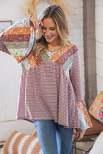 Load image into Gallery viewer, Burgundy Floral Stripe Two Tone Bell Sleeve Knit Top