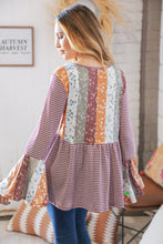 Load image into Gallery viewer, Burgundy Floral Stripe Two Tone Bell Sleeve Knit Top