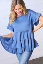 Load image into Gallery viewer, Denim Ruffle Frill Short Sleeve Swing Knit Top
