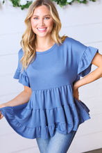 Load image into Gallery viewer, Denim Ruffle Frill Short Sleeve Swing Knit Top