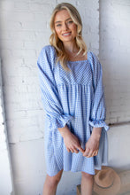 Load image into Gallery viewer, Blue Jacquard Plaid Square Neck Ruffle Sleeve Dress