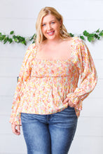 Load image into Gallery viewer, Peach/Teal Floral Square Neck Smocked Challis Blouse