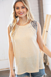 Tan Leopard Crochet Waffle Banded Sleeve Top