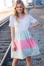 Load image into Gallery viewer, Floral and Stripe Color Block Fit and Flare Rib Dress