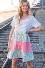 Load image into Gallery viewer, Floral and Stripe Color Block Fit and Flare Rib Dress