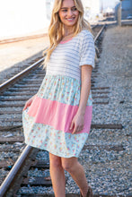 Load image into Gallery viewer, Floral and Stripe Color Block Fit and Flare Rib Dress