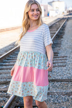 Load image into Gallery viewer, Floral and Stripe Color Block Fit and Flare Rib Dress