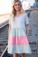 Load image into Gallery viewer, Floral and Stripe Color Block Fit and Flare Rib Dress