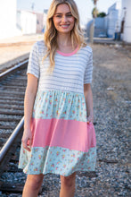 Load image into Gallery viewer, Floral and Stripe Color Block Fit and Flare Rib Dress