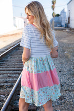Load image into Gallery viewer, Floral and Stripe Color Block Fit and Flare Rib Dress