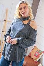 Load image into Gallery viewer, Dark Grey Ribbed Hacci Cold Shoulder Halter Top