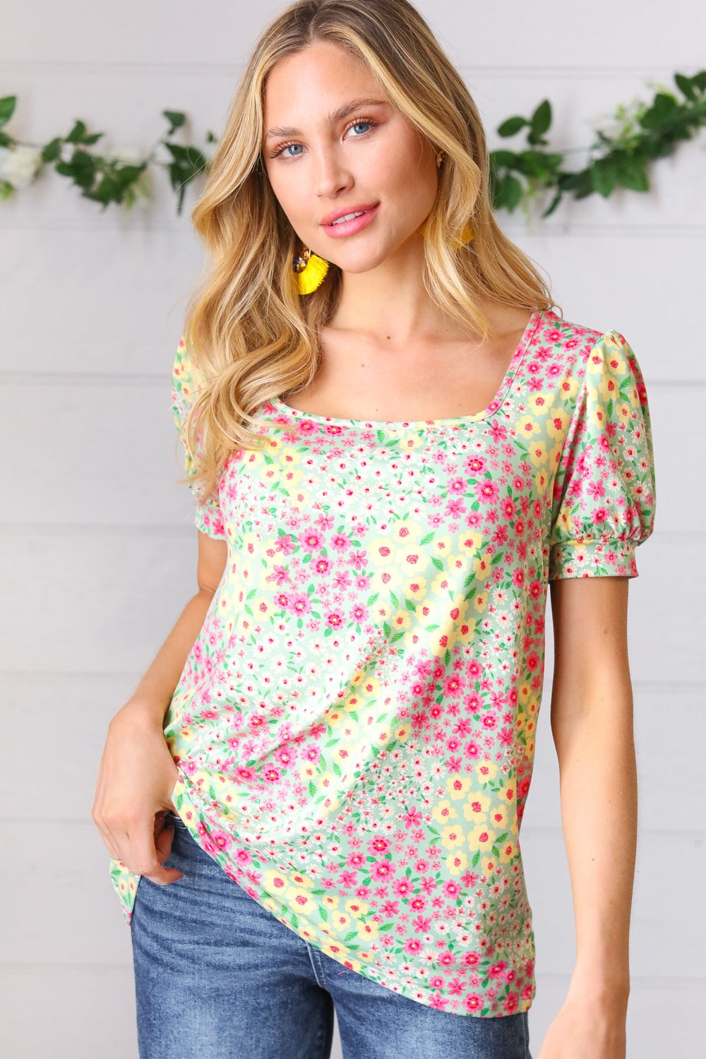 Canary/Mint Floral Square Neck Bubble Sleeve Top