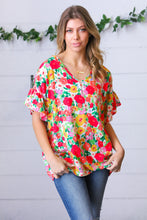 Load image into Gallery viewer, Red Flat Floral Pring Dolman Ruffle Frill Sleeve Blouse