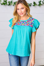 Load image into Gallery viewer, Turquoise Floral Embroidered Ruffle Sleeve Top