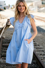 Load image into Gallery viewer, Blue Bow Ruffle Short Sleeve Flutter Pocketed Dress