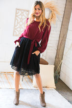 Load image into Gallery viewer, Maroon &amp; Black Lace Overlay Sash Tie Dress
