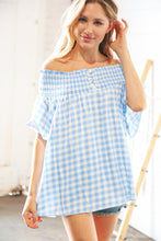 Load image into Gallery viewer, Blue Gingham Smocked Button Detail Off Shoulder Top