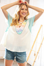 Load image into Gallery viewer, Cream Multi Stripe Lace Up Neck Color Block Top