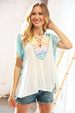Load image into Gallery viewer, Cream Multi Stripe Lace Up Neck Color Block Top