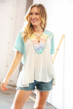 Load image into Gallery viewer, Cream Multi Stripe Lace Up Neck Color Block Top