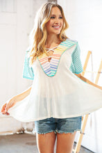 Load image into Gallery viewer, Cream Multi Stripe Lace Up Neck Color Block Top