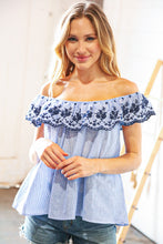 Load image into Gallery viewer, Blue/Navy Embroidered Ruffle Off Shoulder Blouse