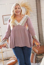 Load image into Gallery viewer, Burgundy Floral Stripe Two Tone Bell Sleeve Knit Top