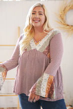 Load image into Gallery viewer, Burgundy Floral Stripe Two Tone Bell Sleeve Knit Top