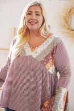 Load image into Gallery viewer, Burgundy Floral Stripe Two Tone Bell Sleeve Knit Top