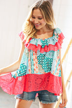 Load image into Gallery viewer, Coral Ethnic Print Lace Ruffle Hem Top