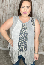 Load image into Gallery viewer, Grey Cotton Floral Color Block Shark Bite Hem Top