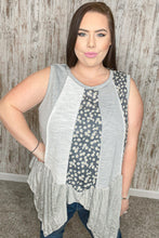 Load image into Gallery viewer, Grey Cotton Floral Color Block Shark Bite Hem Top