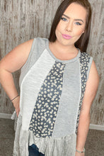 Load image into Gallery viewer, Grey Cotton Floral Color Block Shark Bite Hem Top