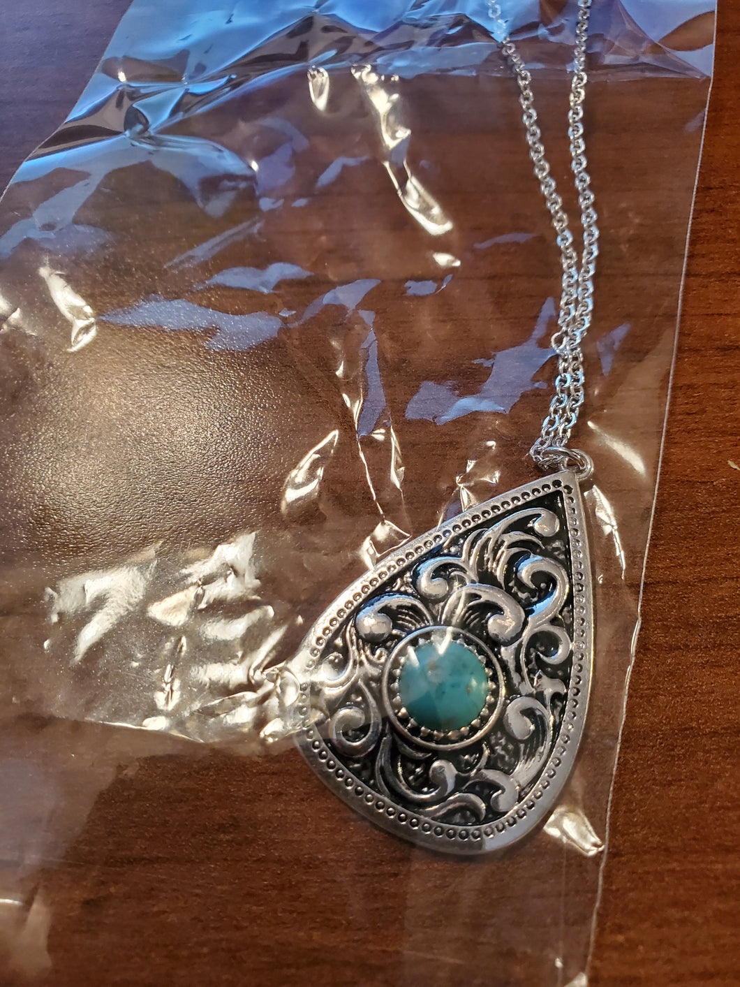 Silvertone Scroll and Turquoise Bead Teardrop Pendant Necklace - Unique Inspirations by Tracy and Anna