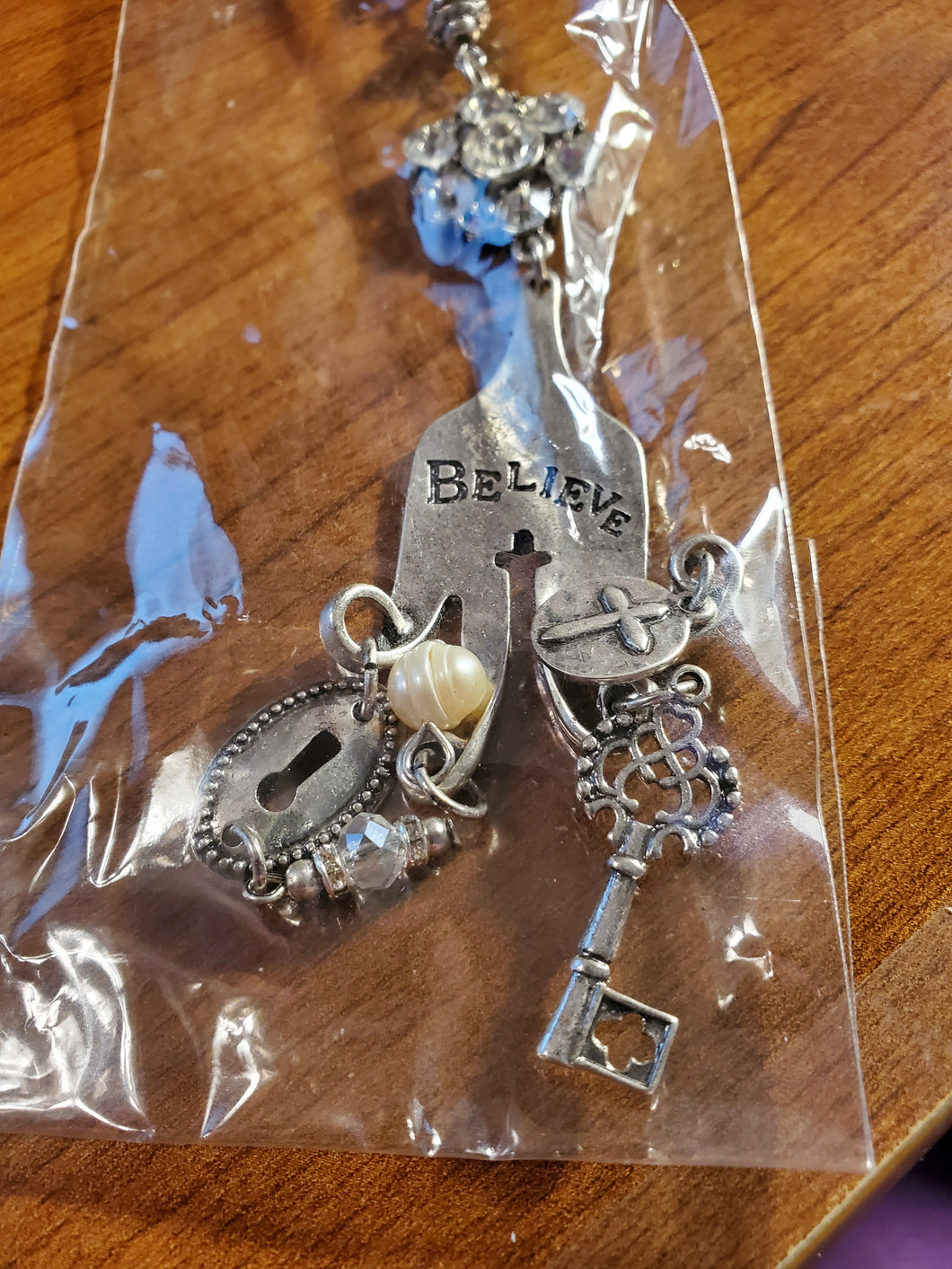 Burnished Silvertone 'Believe' Fork Charm Pendant Necklace - Unique Inspirations by Tracy and Anna