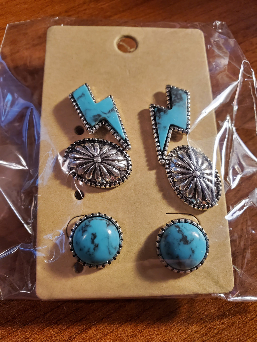 Turquoise Lightning Bolt Silvertone Earrings 3 Pair Set - Unique Inspirations by Tracy and Anna