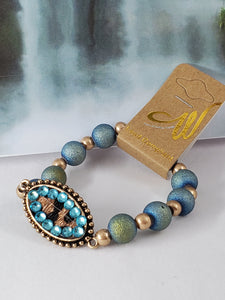 Aqua Crystal Accented Cheetah Oval Disk Beaded Bracelet - Unique Inspirations by Tracy and Anna