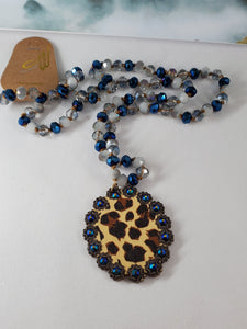 Blue Crystal Leopard Disk Pendant Beaded Necklace - Unique Inspirations by Tracy and Anna