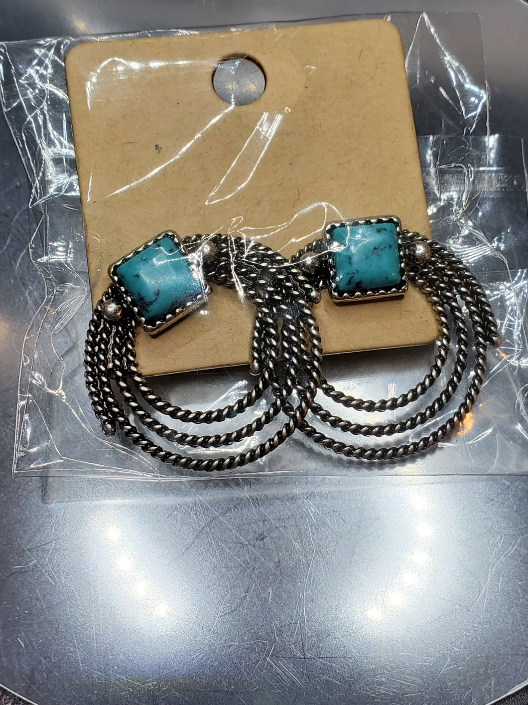 Turquoise and Silvertone Rope Trail Earrings - Unique Inspirations by Tracy and Anna