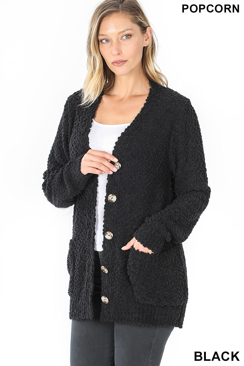 LONG SLEEVE POPCORN BUTTON DOWN CARDIGAN - Unique Inspirations by Tracy and Anna