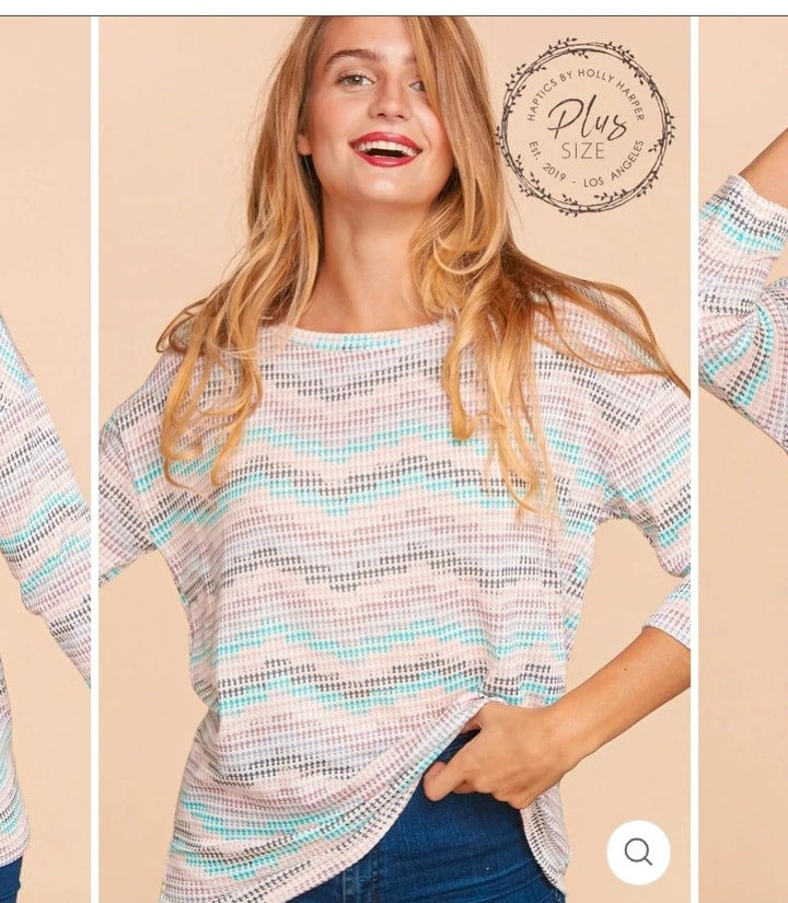 LUS WOMEN'S WHOLESALE MINT BLUSH & GREY MULTI COLOR LOOSE FIT 3/4 SLEEVE TOP - Unique Inspirations by Tracy and Anna